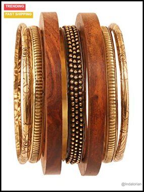 Handcrafted Brass Wood Bangle Set of 7 XL Bollywood Bracelets